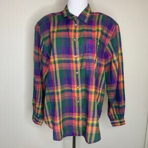 Liz Claiborne Bright Plaid Cotton 80s 90s Shirt Sz 14 Large